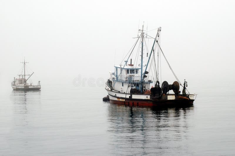 Barca da pesca al posto di ormeggio in caso di nebbia.