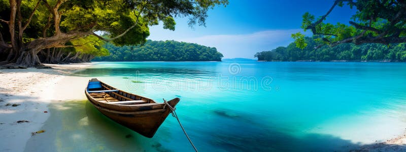 Fishing boat on a tropical island off the coast. Paradise Lagoon. Generative AI