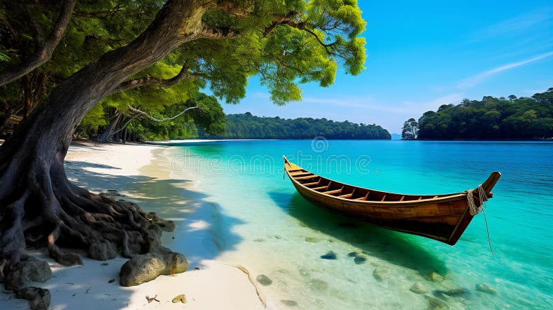 Fishing boat on a tropical island off the coast. Paradise Lagoon. Generative AI