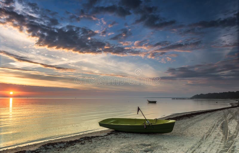 Fishing boats at the Baltic beach at dawn, Latvia