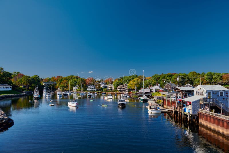 Fishing boats docked in Perkins Cove, Ogunquit, on coast of Maine south of Portland, USA. Fishing boats docked in Perkins Cove, Ogunquit, on coast of Maine south of Portland, USA