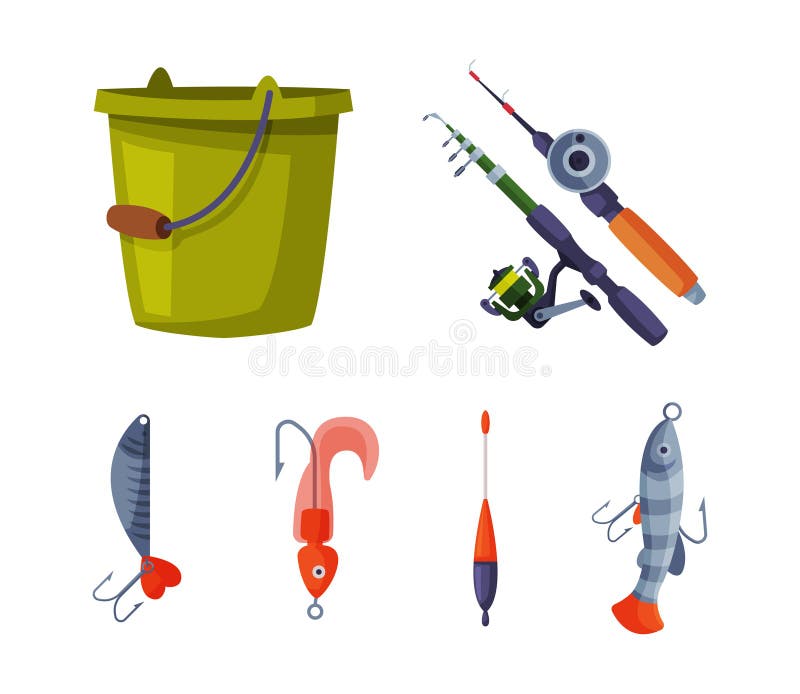 Fishing Equipment Set, Freshwater Fishes, Fishing Tools, Apparel, Boat, Accessories  Cartoon Vector Illustration Stock Vector - Illustration of lure, angling:  191972917