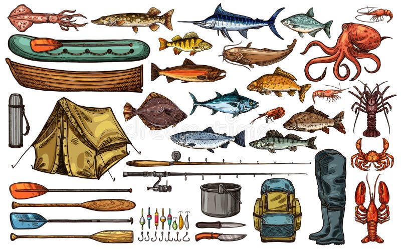 Fishing equipment and fisherman trophy fish sketch stock illustration