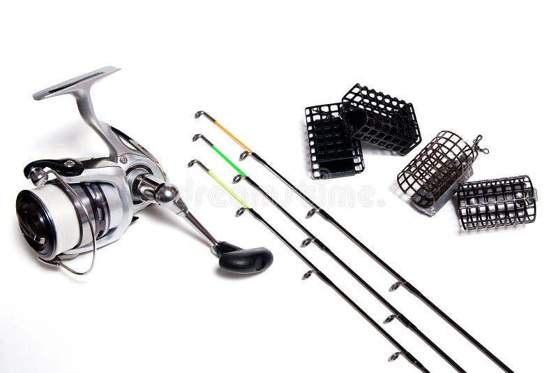 Fishing Feeder and Reel with Accessories on White Background Stock