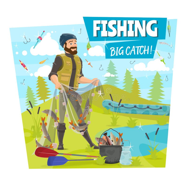 Fishing and fisher big fish catch cartoon poster