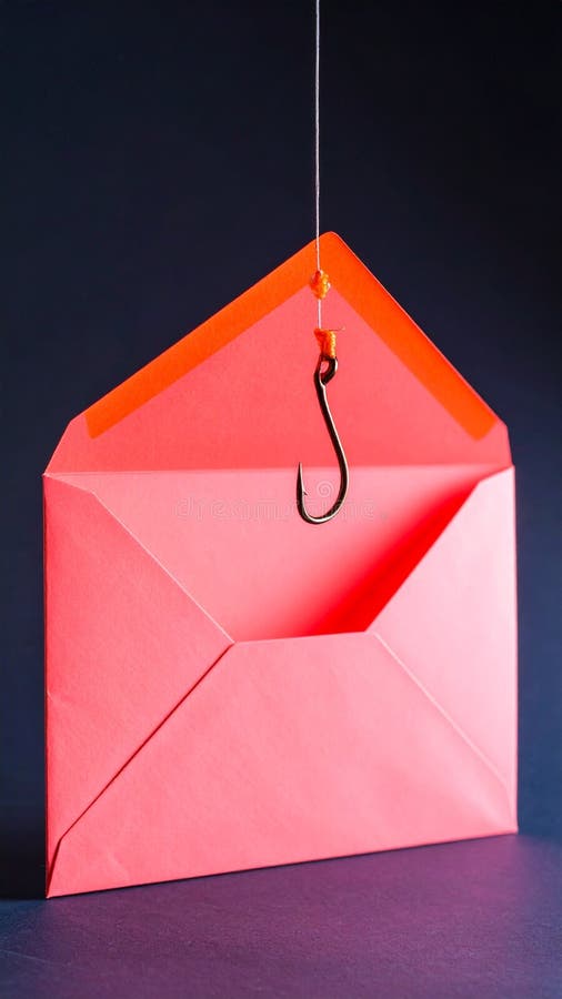 Fishing hook suspended above pink envelope, concept of phishing, scam, or fraud royalty free stock photos