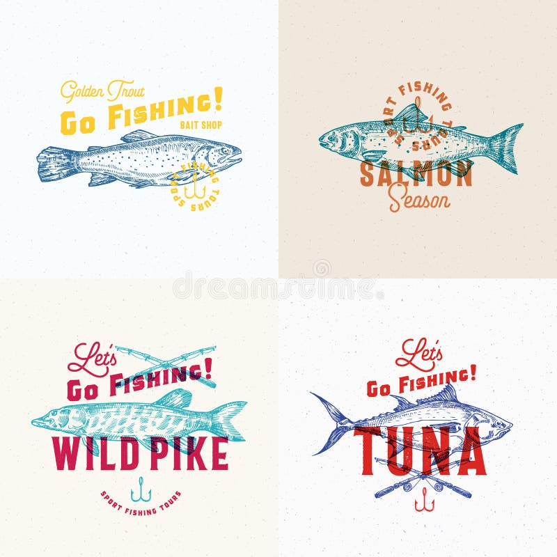 Fishing Labels Set. Abstract Vector Signs, Symbols or Logo Templates. Hand Drawn Pike, Tuna, Trout and Salmon Sketches.