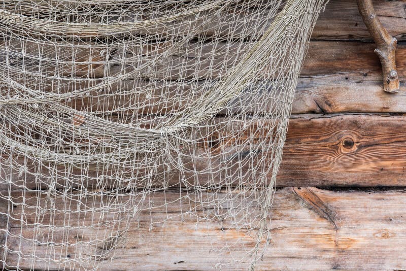 126 Fishing White Fishnet Net Wooden Background Outdoor Stock