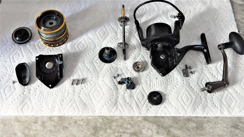 Fishing reel disassembled parts after cleaning
