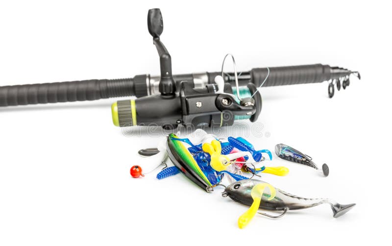 Fishing rod and baits set stock photo. Image of challenge 66563892