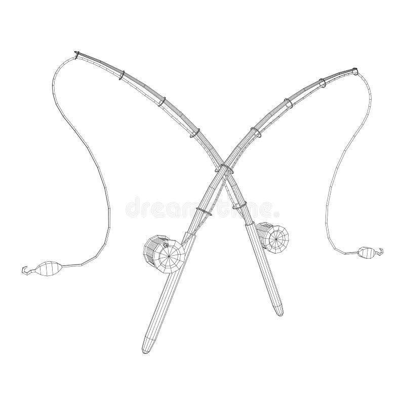 Fishing Rod Line Sinker Hook Wireframe Low Poly Mesh Vector Stock