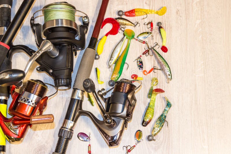 Fishing Rod with a Reel and Lure, Background. Stock Image Image of