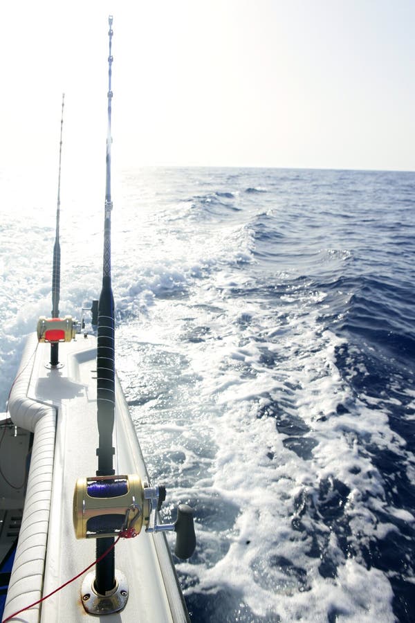 Fishing Big Game Rod and Reel on Boat Wake Stock Image Image of game