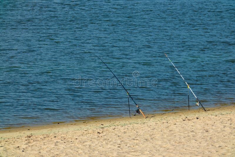 Fishing Rod on the Bank of the Wide. Dnieper River on an Autumn Sunny Day  Stock Photo - Image of nature, blue: 265950498