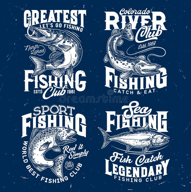 Fishing Sport T-shirt Prints of Salmon, Pike, Tuna Stock Vector