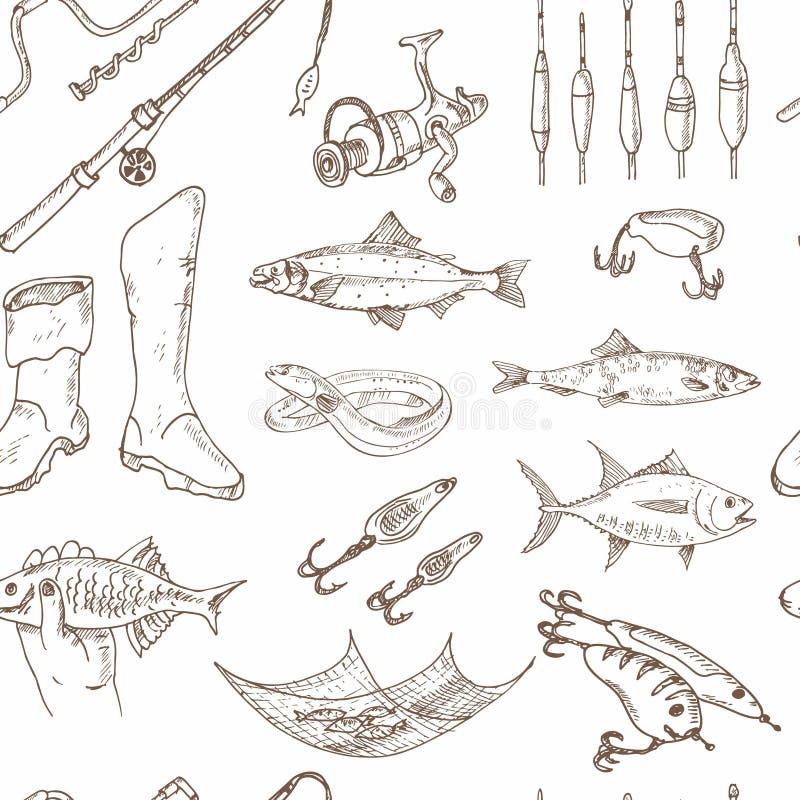Fishing Tackle Tools Seamless Pattern. Sketches Stock Vector - Illustration  of hook, holiday: 69736323