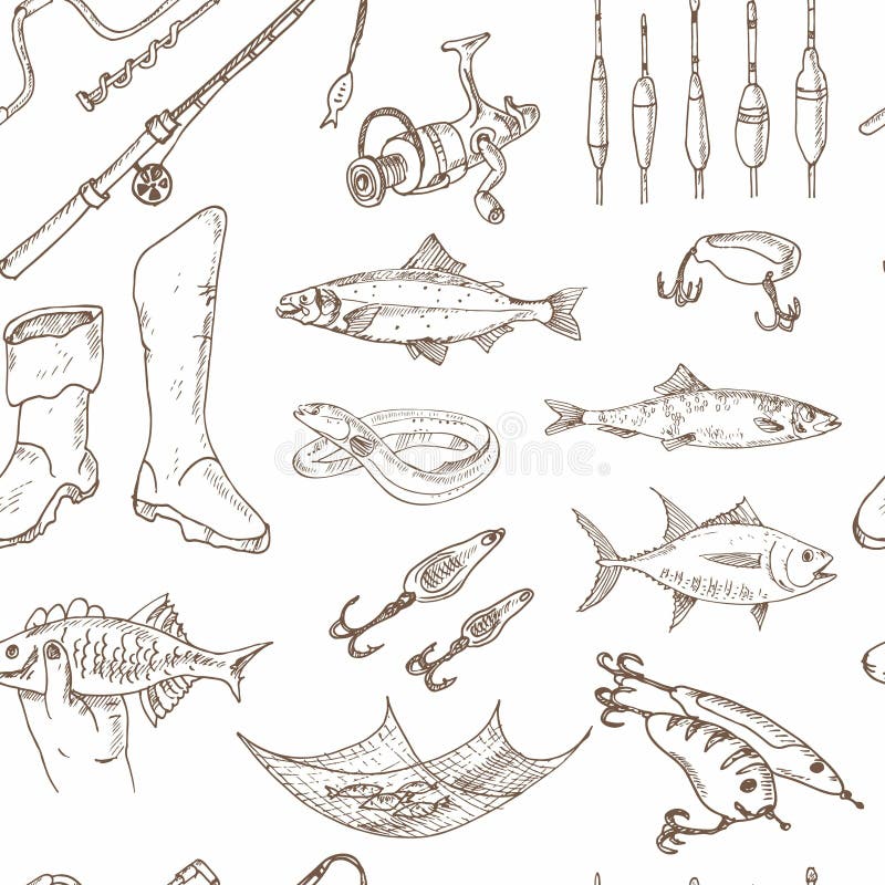 Fishing Tackle Tools. Sketches. Handdrawing Fishing Equipment Stock