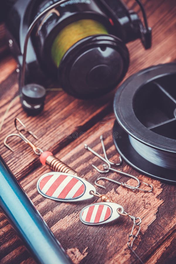 Fishing Tackle on a Wooden Table Stock Image Image of fishing