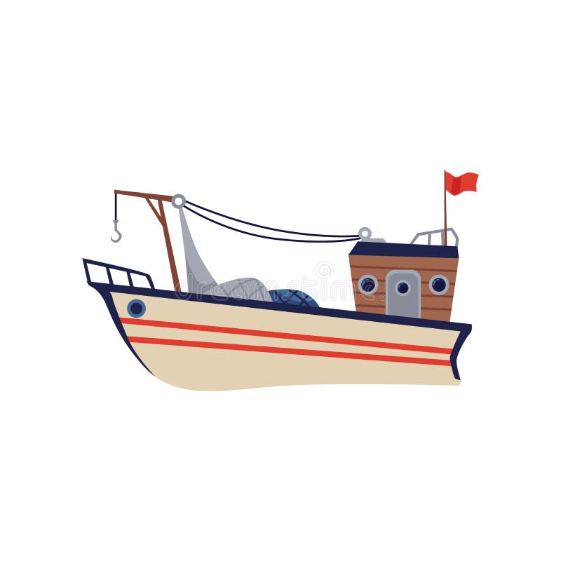 Fishing trawler or boat with net hoist, flat vector illustration isolated.