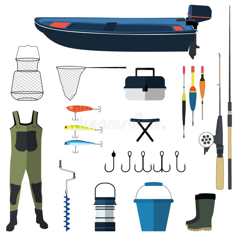 Fishing vector icons illustration. Fishing rod, hooks, bait, boat and fish anchor. Fishing symbols. Fishing design