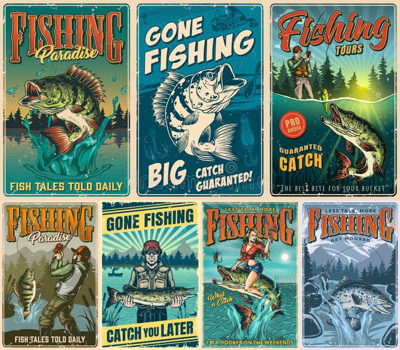 https://thumbs.dreamstime.com/b/fishing-vintage-posters-set-inscriptions-anglers-caught-different-fishes-beautiful-woman-sitting-pike-which-jumping-216694768.jpg