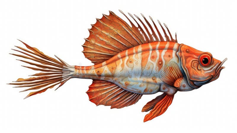 Fiska specifikt en orange och röd fisk med stora ögon. det simmar i vatten som verkar vara blått eller grönt. fisken har en lång stjärtfång som gör att den ser ut som ett stort exemplar. generativ ai