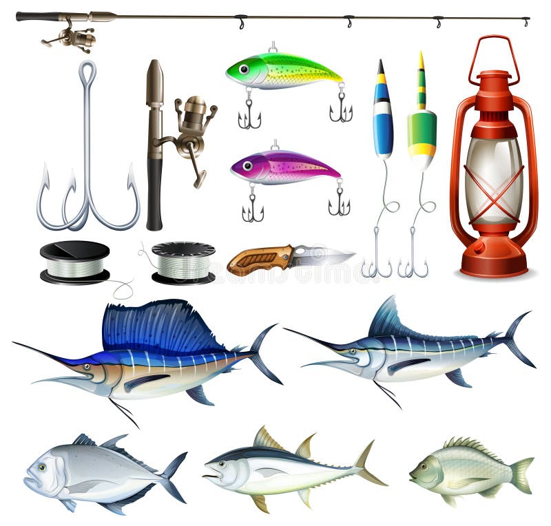 Fiska uppsättningen med utrustning och fisken royaltyfri illustrationer Fiska uppsättningen med utrustning och fisken royaltyfri illustrationer