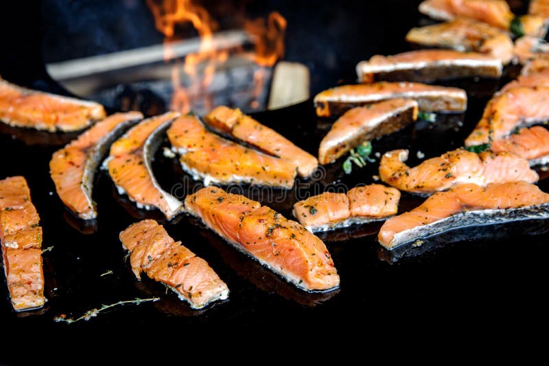Fiskar av grillad lax med olika grönsaker i anslutning till elden royaltyfri fotografi Fiskar av grillad lax med olika grönsaker i anslutning till elden royaltyfri fotografi