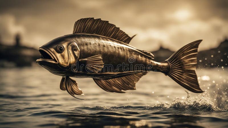 Fiskar under flygning på en steampunk, en dynamisk scen för en steampunk mahimahi-fisk. Fisk under flygning på en steampunk som är en dynamisk scen för en genererad steampunk mahimahi-fisk