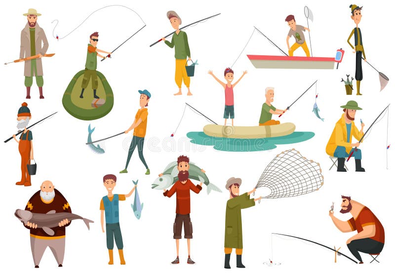 Fiskare i grupp som fiskar med fisk. uppsättning av personer som har utrustning för att skära av fisk. Platt vektor för semesterko