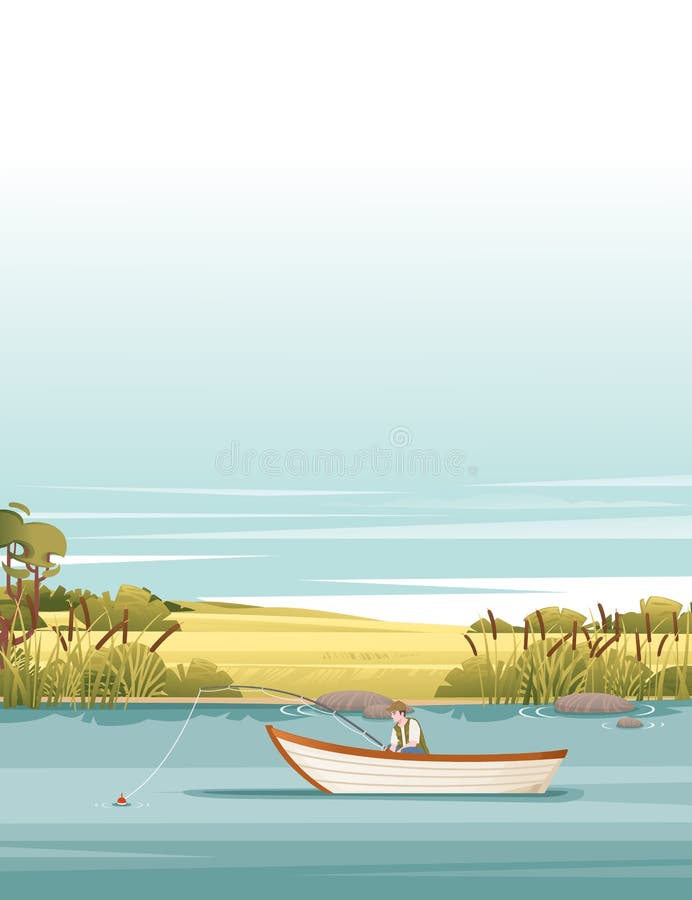 Fiskare sitter på träbåt och fiskar med rutvektorillustration av landutrymmets bakgrund i vertikalt format