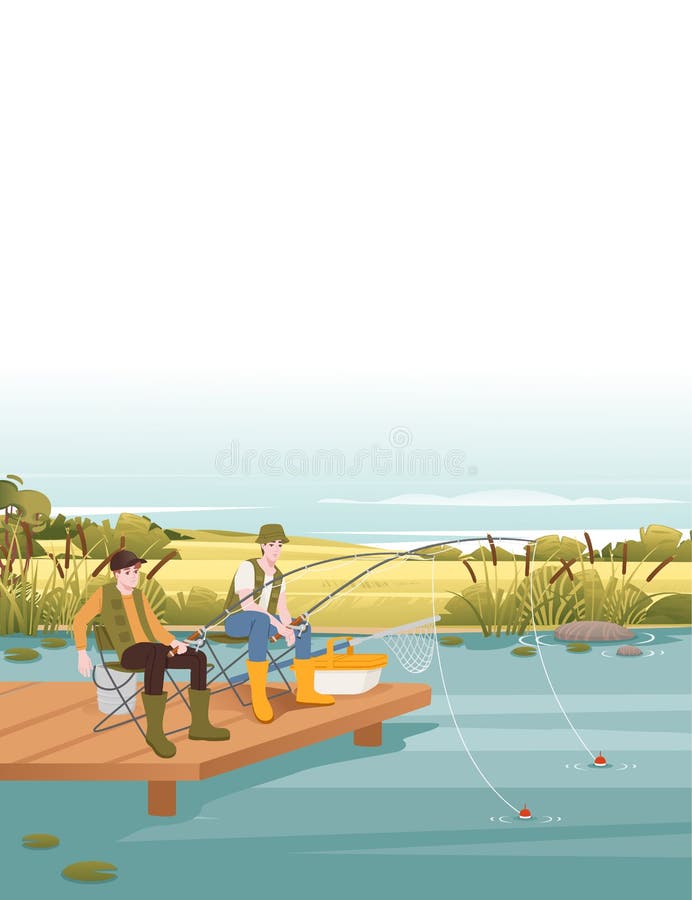Fiskare sitter på träpier och fiskar med stavvektorillustration i vertikalt format