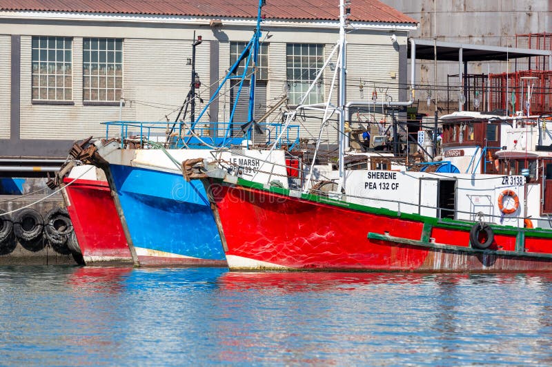 Fiskebåtar förankrade i hamnen i Port Elizabeth arkivbilder