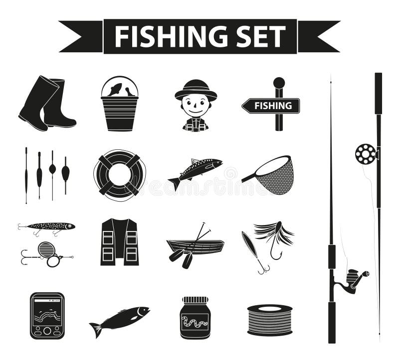 Fiskesymbolsuppsättning, svart kontur, översiktsstil Fiskerisamlingsobjekt, designbeståndsdelar som isoleras på vit