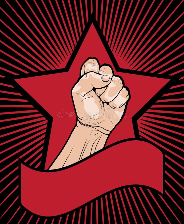 Fist Power. Fist Male Hand On Red Light Rays Background. Power Sign