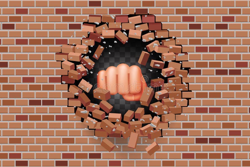 Fist punches hole in wall power strength destruction red brick break template transparent background vector illustration