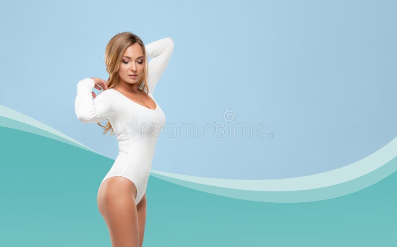 Fit and healthy fashion model in white underwear. Young, beautiful and sexy woman in swimsuit. Fitness, weight loss