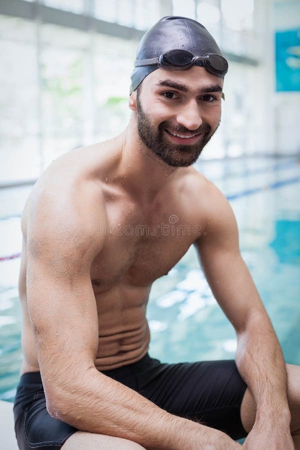 Fit Man Wearing Swim Cap and Goggles Stock Image Image of smiling
