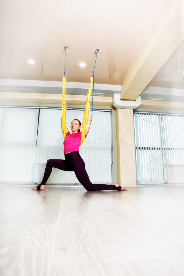 Fit Pretty Young Woman Wearing Sportwear Doing Fly Yoga Stretching Exercises In Fitness Training White Gym Loft Stock Photo Image Of Fitness Person