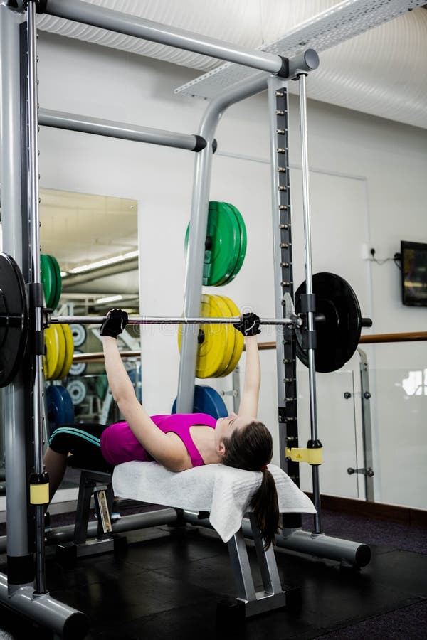 Fit Woman Lifting the Barbell Bench Press Stock Photo Image of