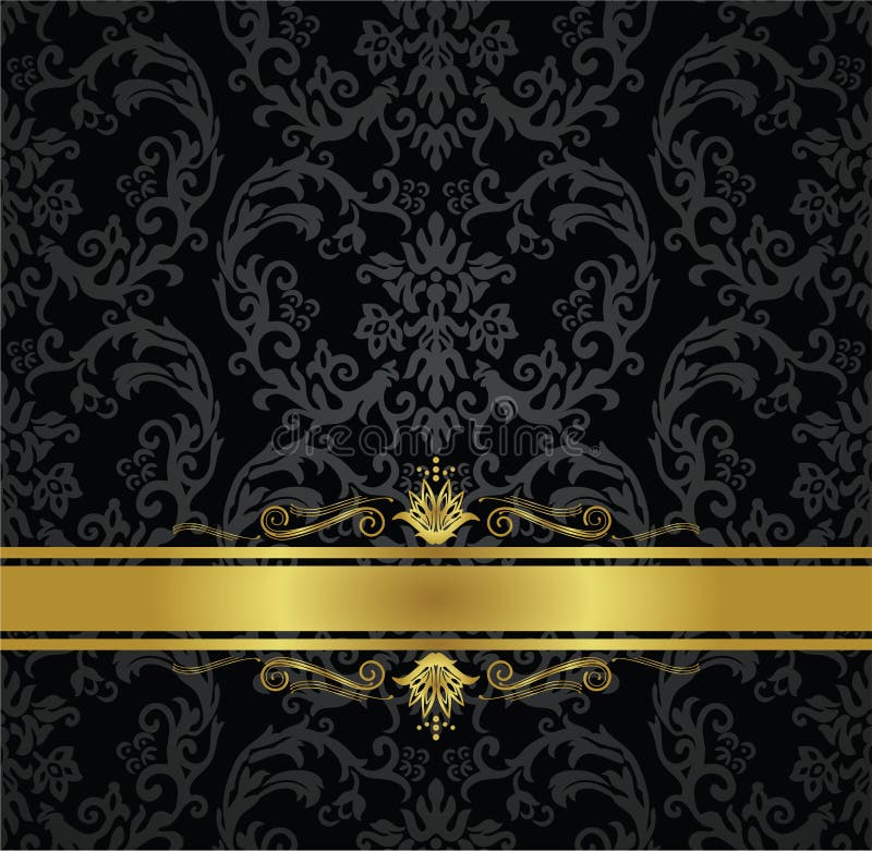 Fita preta sem emenda do papel de parede floral e do ouro ilustração royalty free Fita preta sem emenda do papel de parede floral e do ouro ilustração royalty free