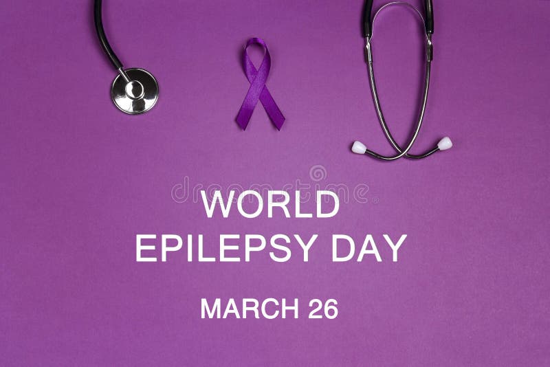 Orld epilepsy day. Purple epilepsy awareness ribbon with stethoscope on a purple background. W Purple Day. Orld epilepsy day. Purple epilepsy awareness ribbon with stethoscope on a purple background. W Purple Day