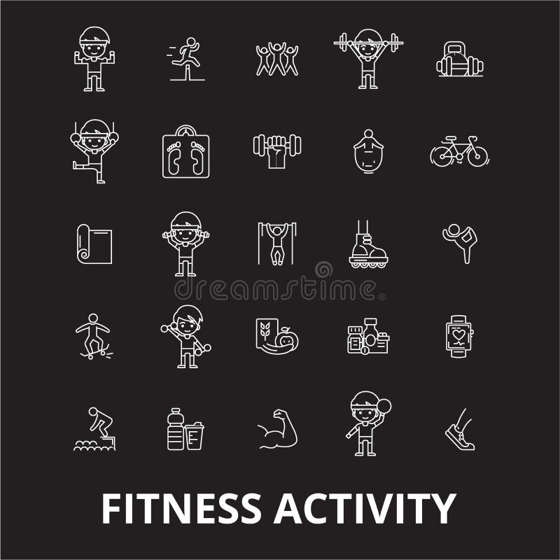 Fitness activity editable line icons vector set on black background. Fitness activity white outline illustrations, signs vector illustration Fitness activity editable line icons vector set on black background. Fitness activity white outline illustrations, signs vector illustration