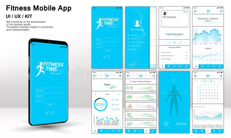 Fitness App Screens, Template ready application UI, UX, KIT royalty free illustration Fitness App Screens, Template ready application UI, UX, KIT royalty free illustration