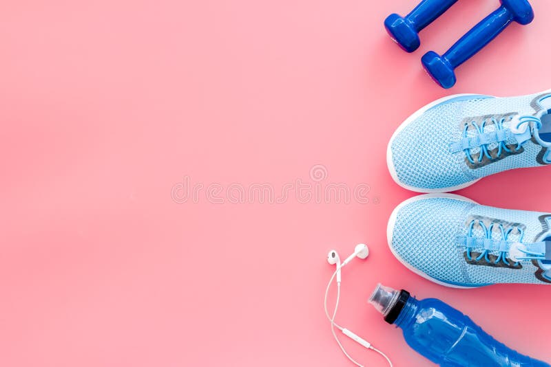 Fitness Background with Sheakers, Dumbbells and Headphones on Pink Table  Top View Copy Space Stock Photo - Image of healthy, footwear: 177413754