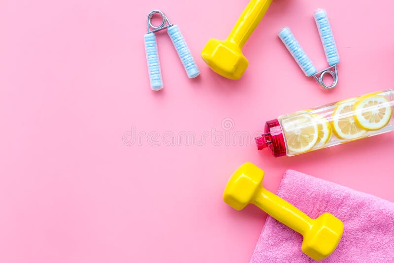 Fitness Background with Sport Equipment for Gym and Home on Pink Background  Top View Copyspace Stock Photo - Image of athletic, copyspace: 143096628