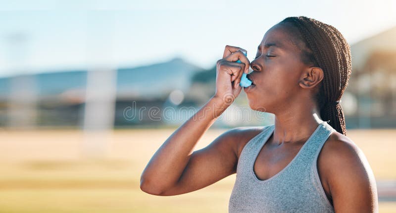 Fitness, breathe and black woman with asthma, inhaler or pump at sports court for training with lung problem. Exercise