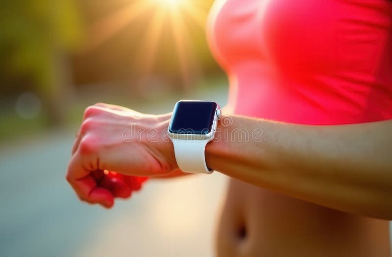 Fitness-entusiasten kontrollerar smarttwatch under soliga arbetstillfällen utomhus royaltyfria bilder