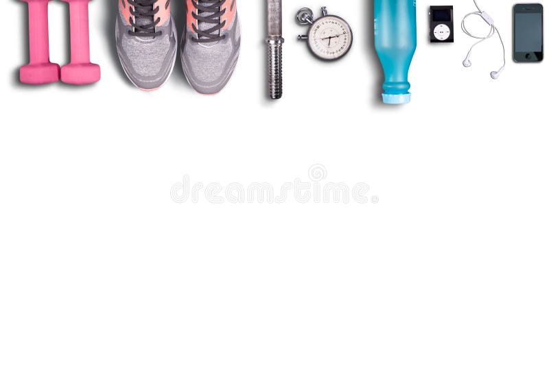 Fitness equipment on pure white background. Pink dumbbells and light shoes to running. stock images Fitness equipment on pure white background. Pink dumbbells and light shoes to running. stock images