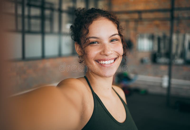 Fitness Exercise And Gym Selfie Portrait Of A Woman Happy About